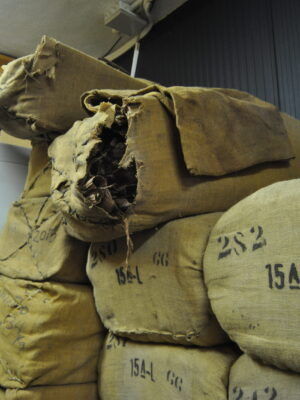 Tabac de La Palma conservé dans des sacs afin d’être transformé ultérieurement en un tabac de meilleure qualité.