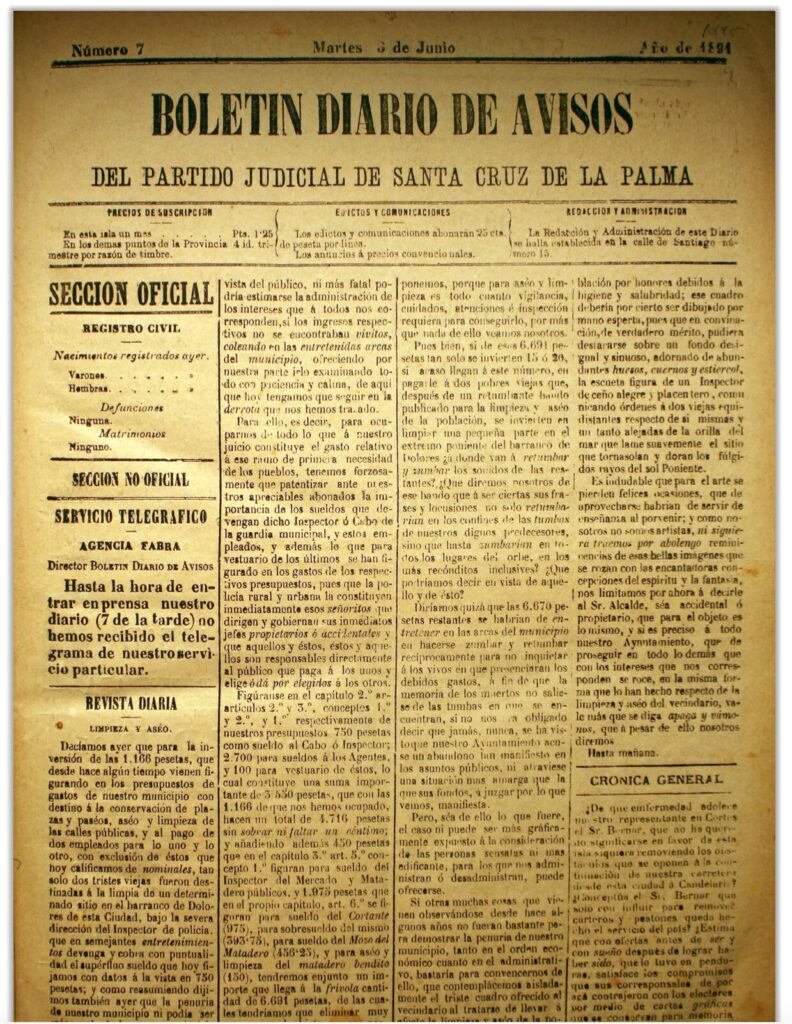 Diario de avisos 1891 - Presse écrite a La Palma